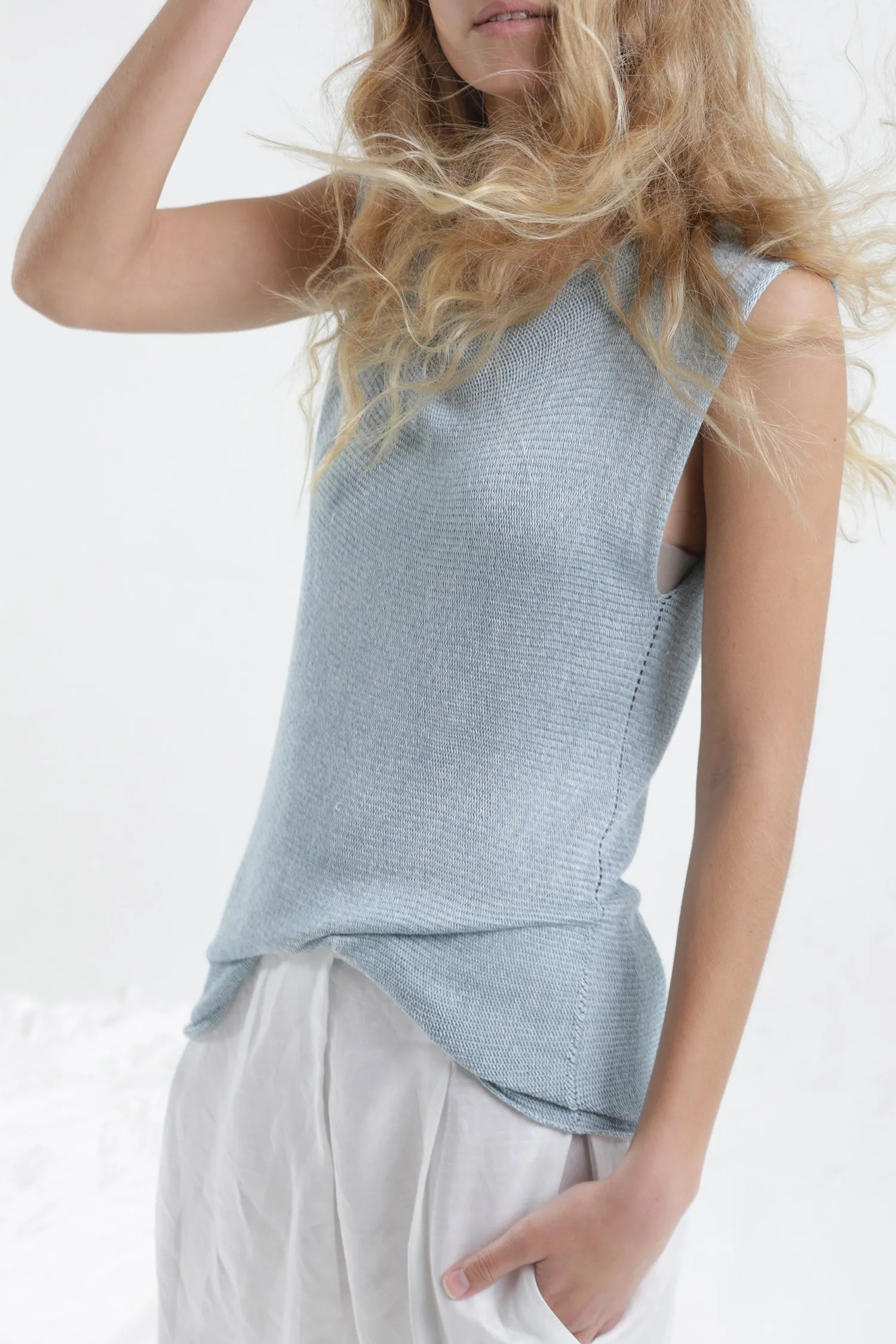 Sky Blue Aqua Boat neck sleeveless knit top