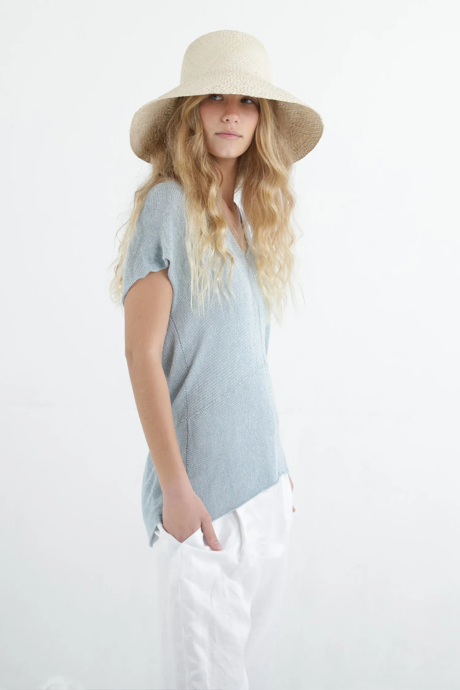 Sky blue Aqua V neck Cross knit top with short sleeves