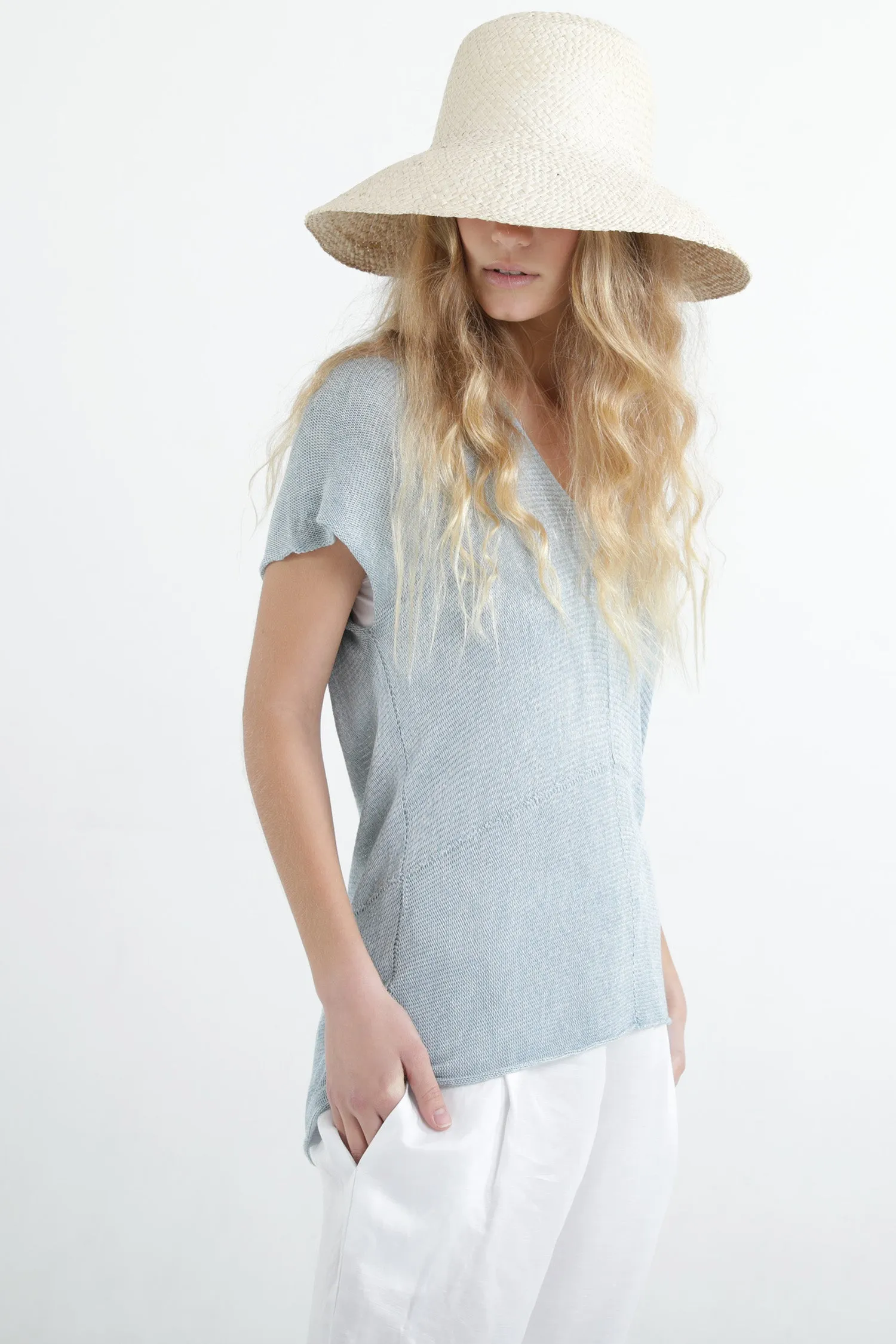 Sky blue Aqua V neck Cross knit top with short sleeves