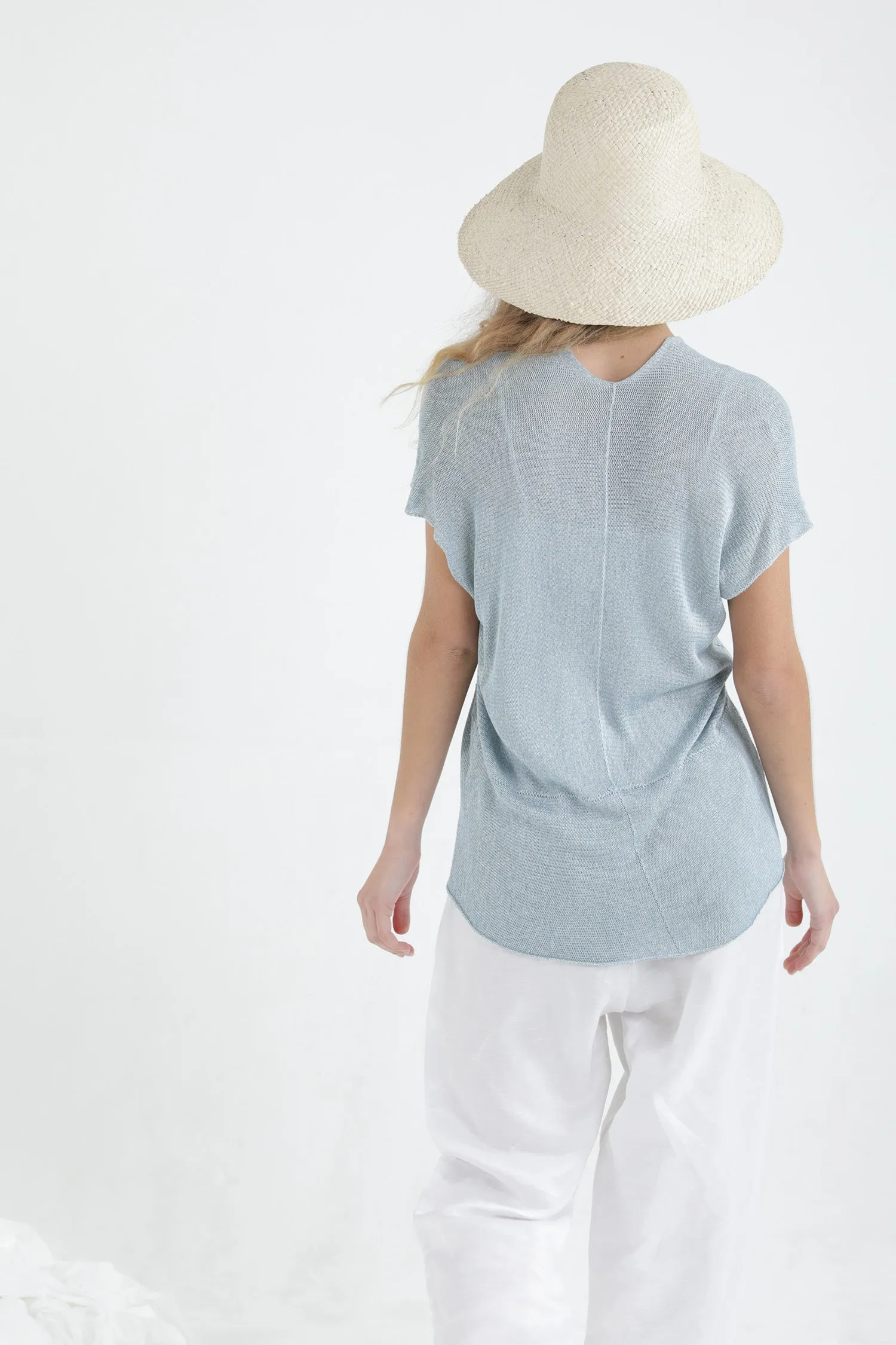 Sky blue Aqua V neck Cross knit top with short sleeves