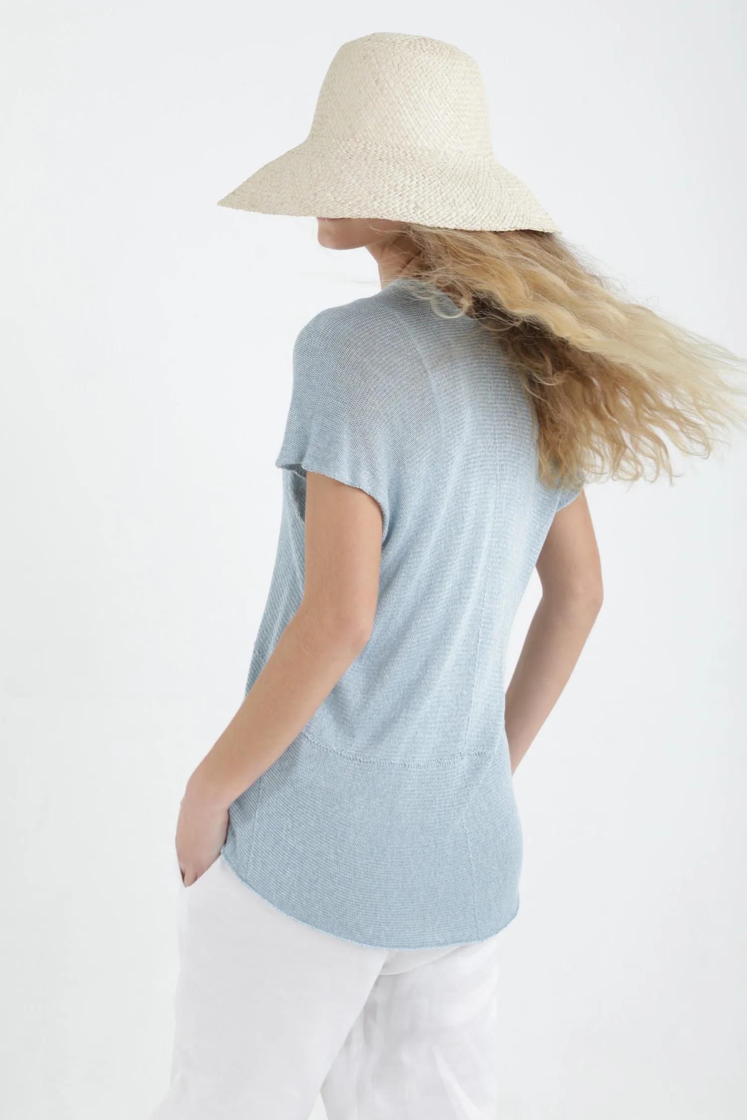 Sky blue Aqua V neck Cross knit top with short sleeves