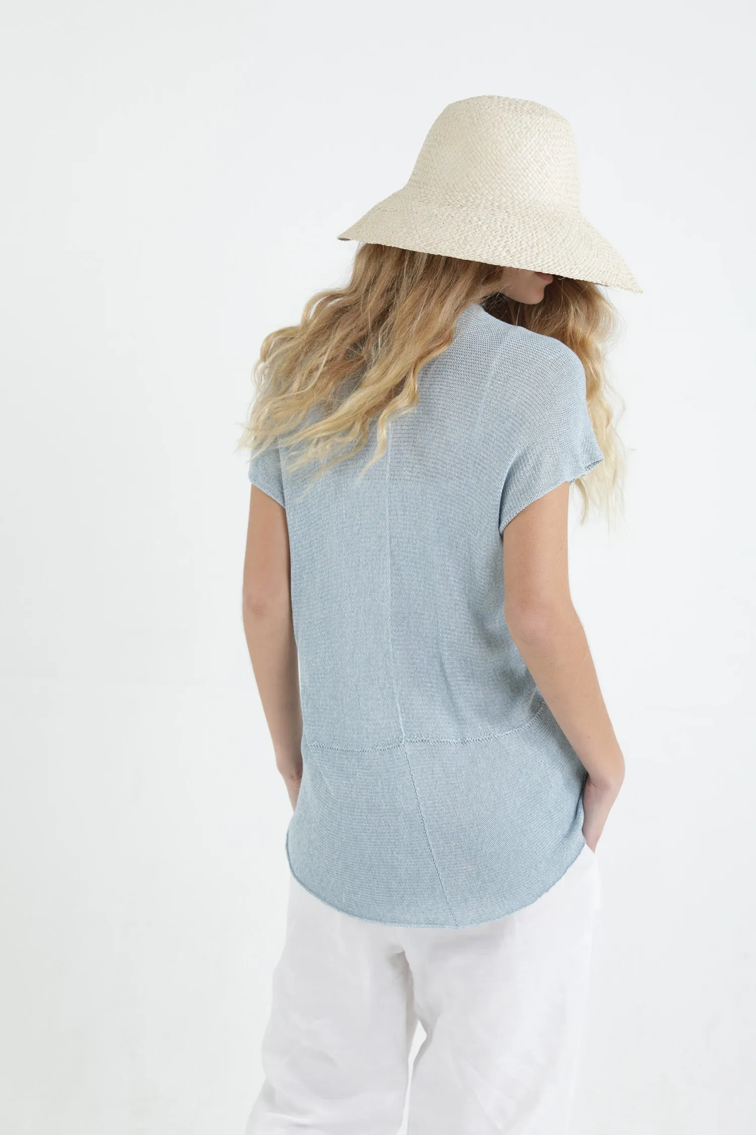 Sky blue Aqua V neck Cross knit top with short sleeves