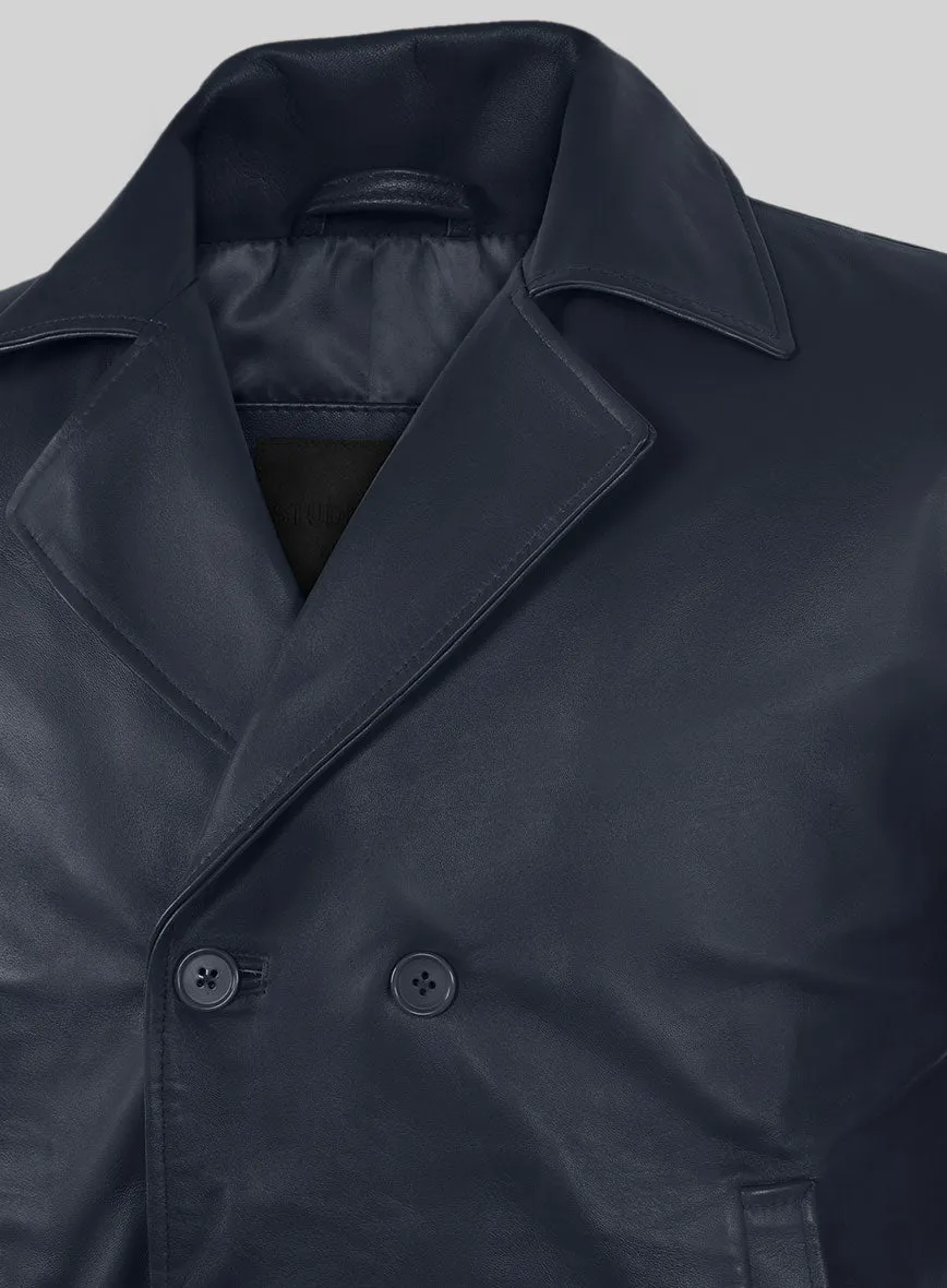 Soft Deep Blue Leather Pea Coat