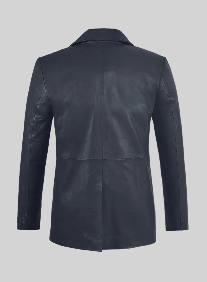 Soft Deep Blue Leather Pea Coat