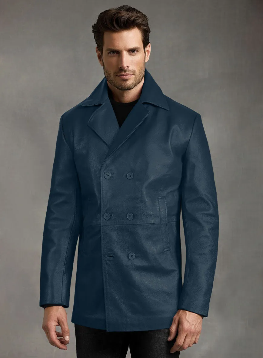 Soft Winsor Blue Leather Pea Coat