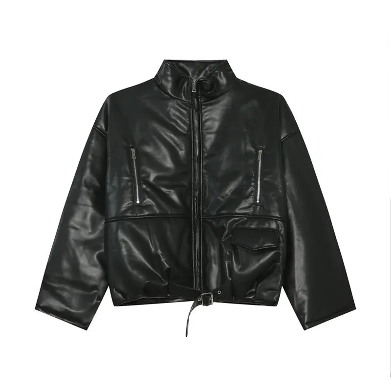 Solid Padded PU Leather Belt Jacket