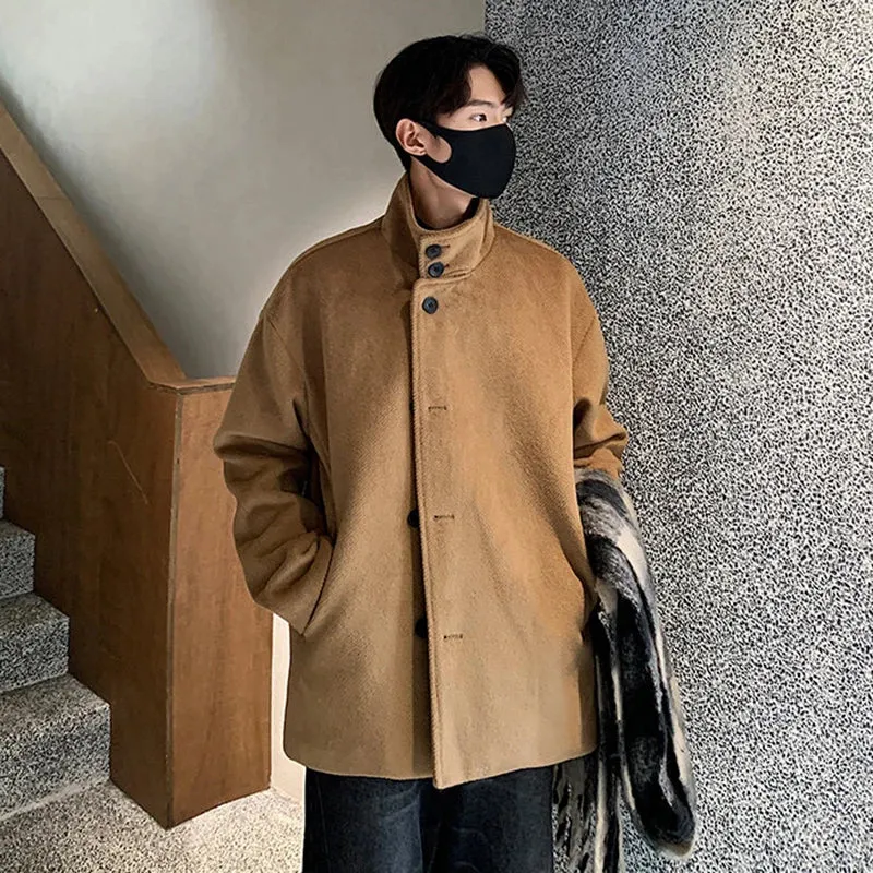 Solid Woolen Stand Collar Loose Jacket