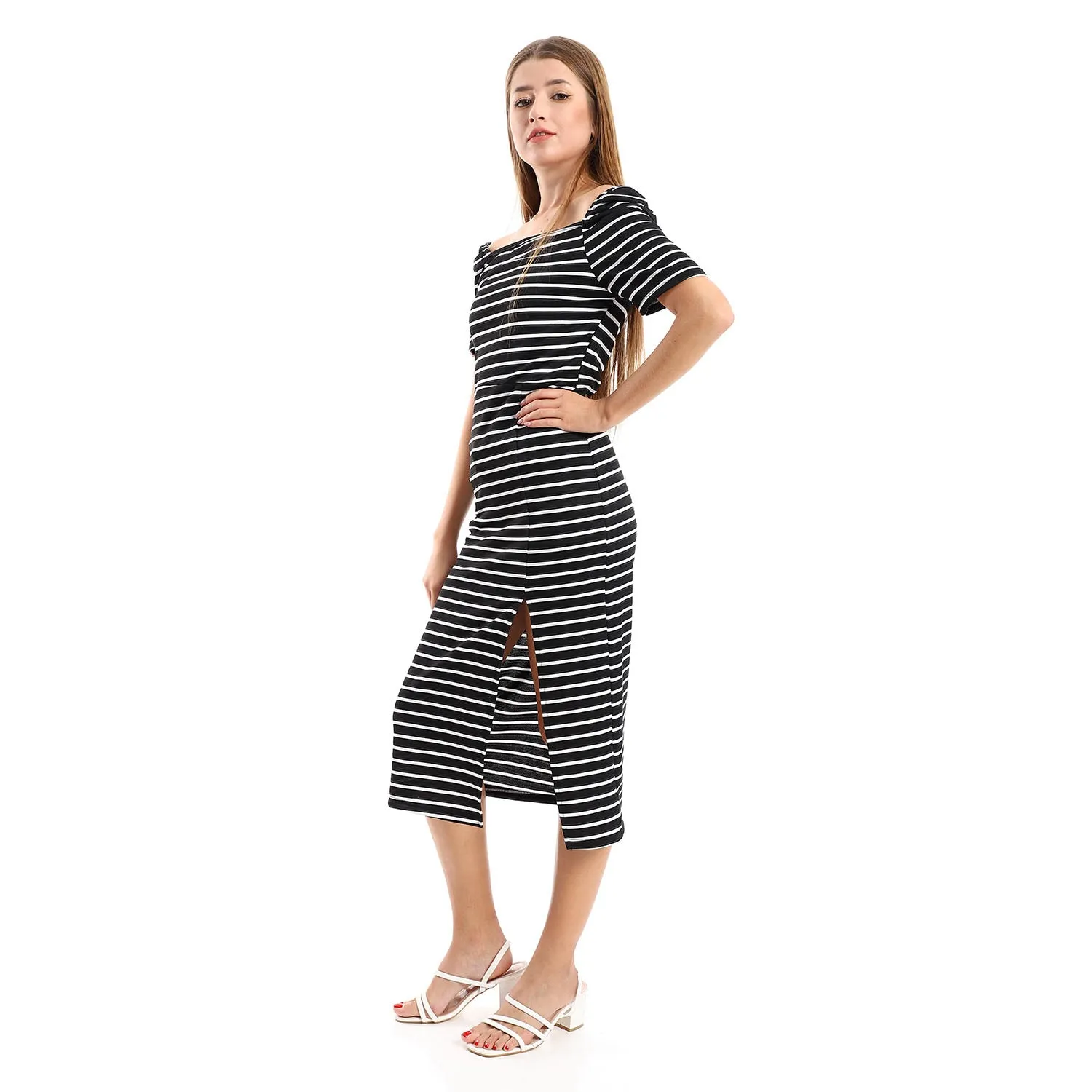 Striped Casual Dress With Side Slits - Kady