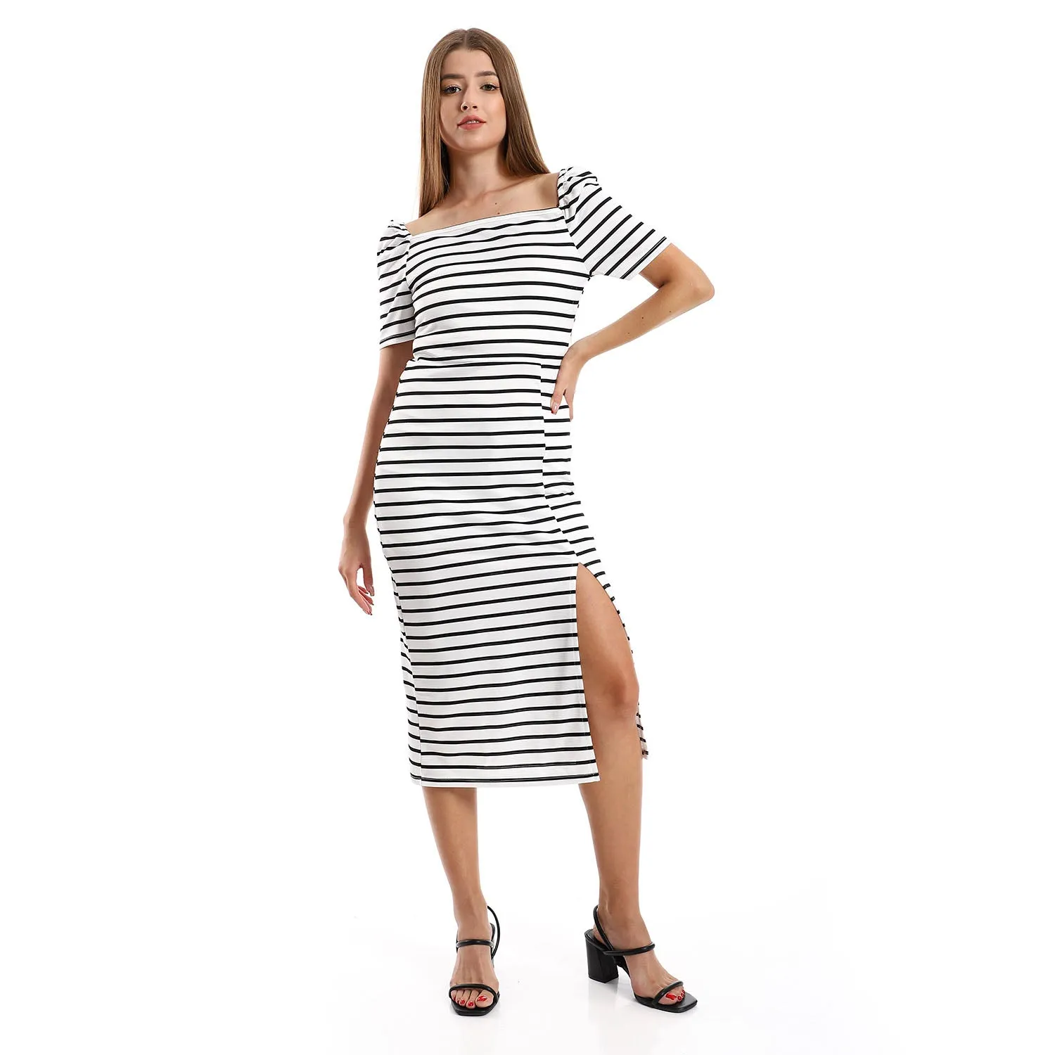 Striped Casual Dress With Side Slits - Kady