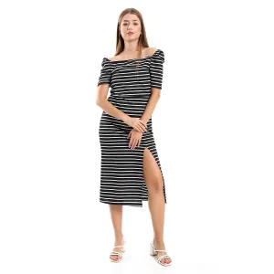 Striped Casual Dress With Side Slits - Kady