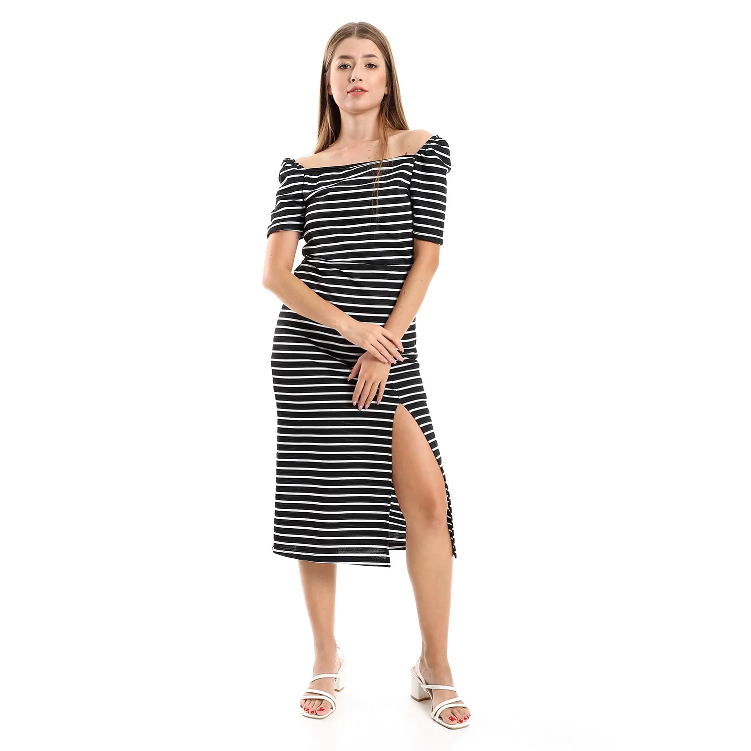 Striped Casual Dress With Side Slits - Kady