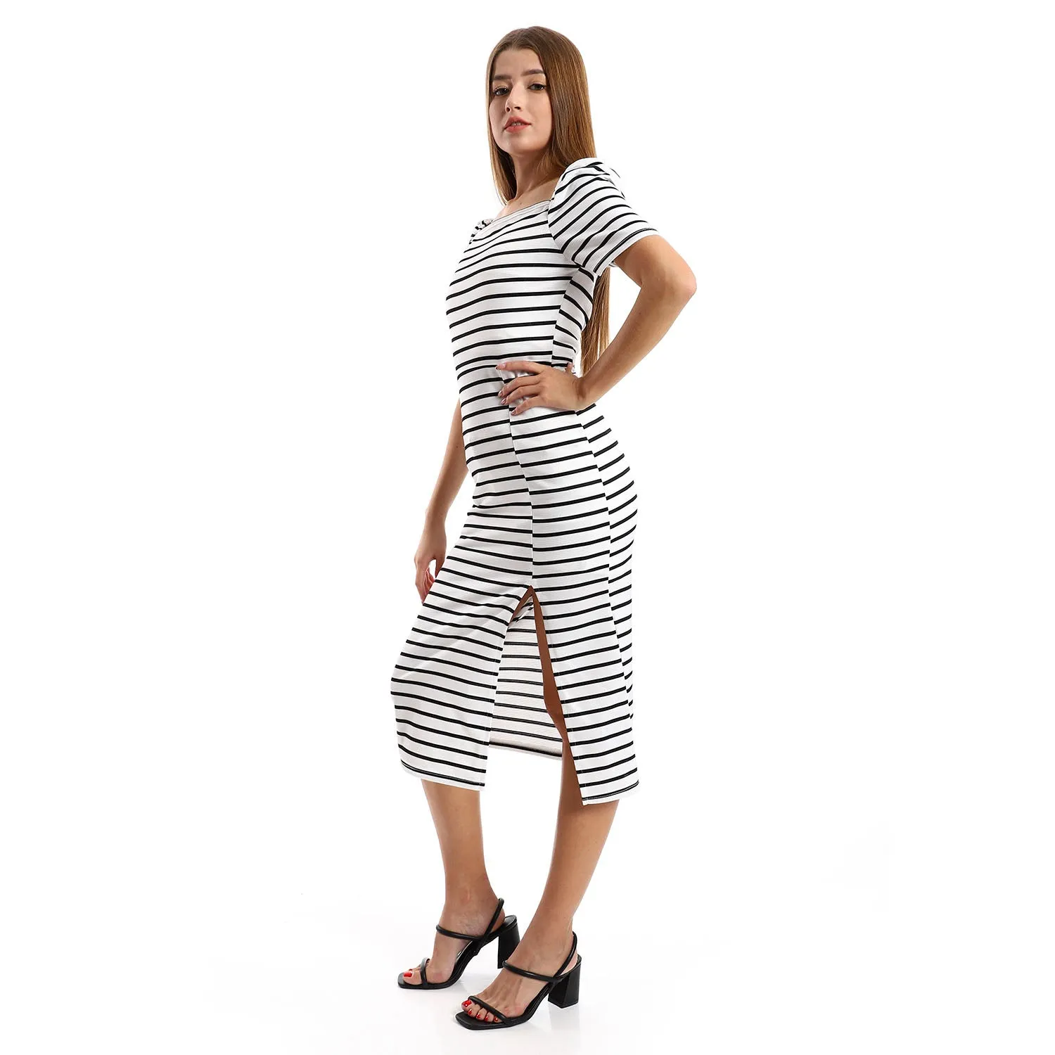 Striped Casual Dress With Side Slits - Kady