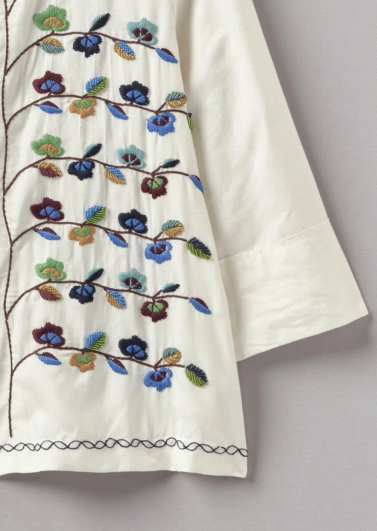 Trailing Flower Hand Embroidered Shirt, Ecru