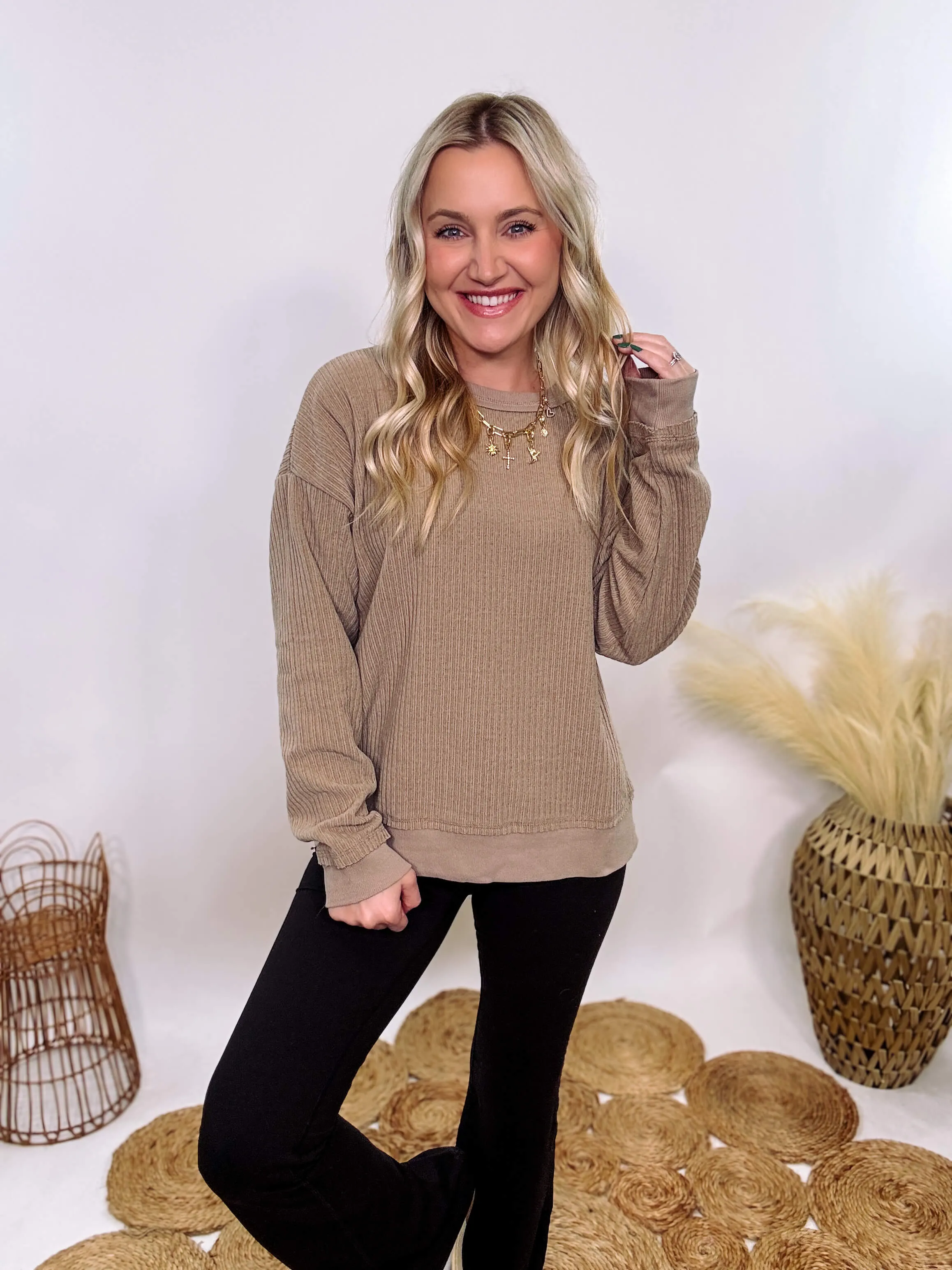 Washed Brown Oversized Ribbed Soft Texture Long Sleeve Top