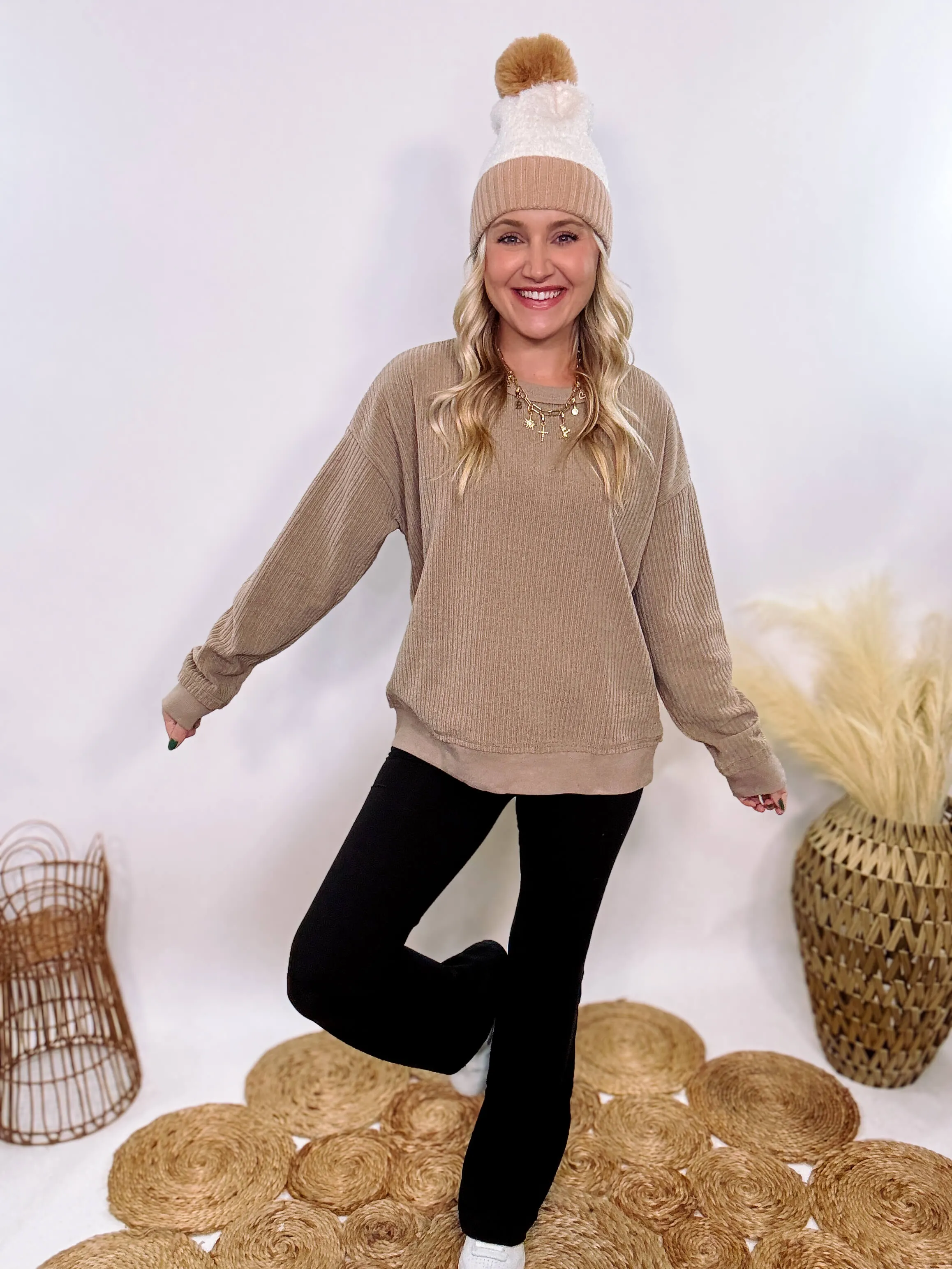 Washed Brown Oversized Ribbed Soft Texture Long Sleeve Top