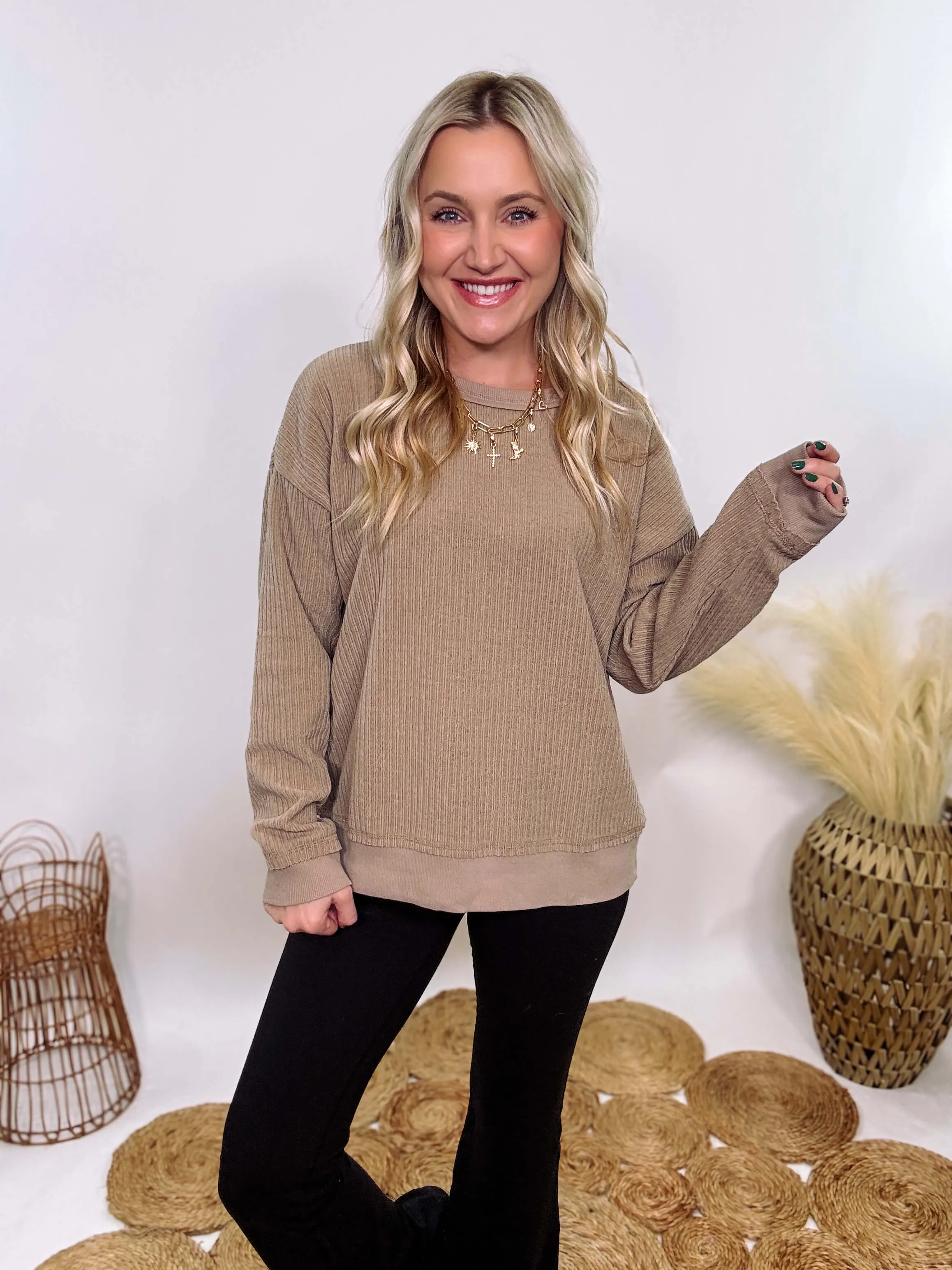 Washed Brown Oversized Ribbed Soft Texture Long Sleeve Top