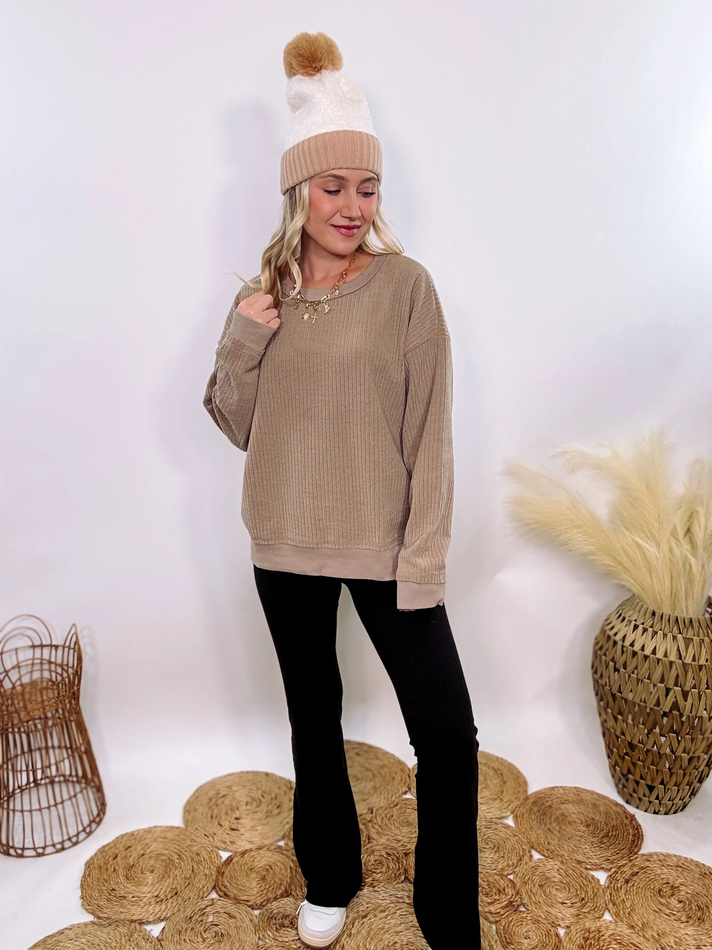 Washed Brown Oversized Ribbed Soft Texture Long Sleeve Top