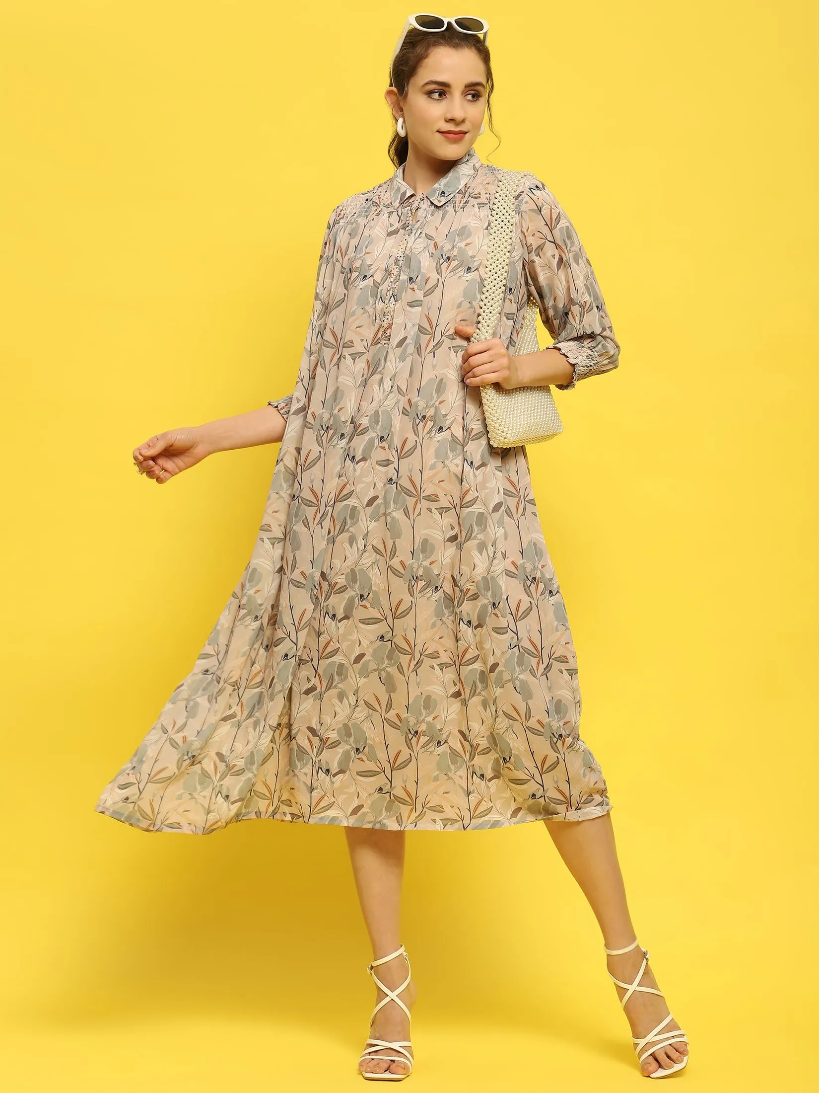 Women Georgette Beige Abstract Print Dress