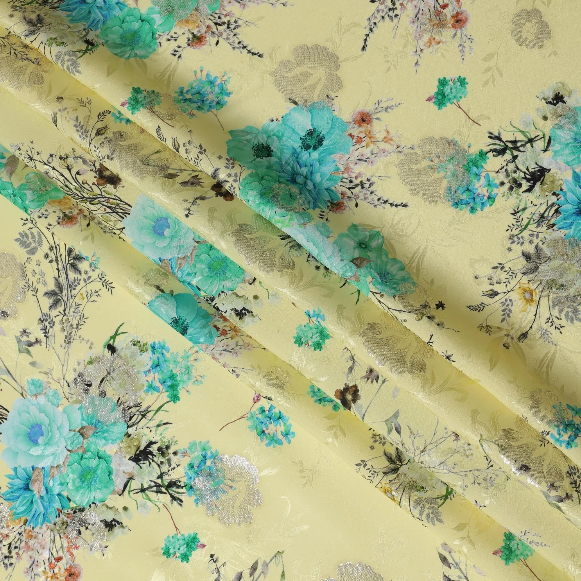 Yellow and Aqua Floral Silk Satin Fabric with Metallic Accents, Width 140 cm, South Korea-D21288