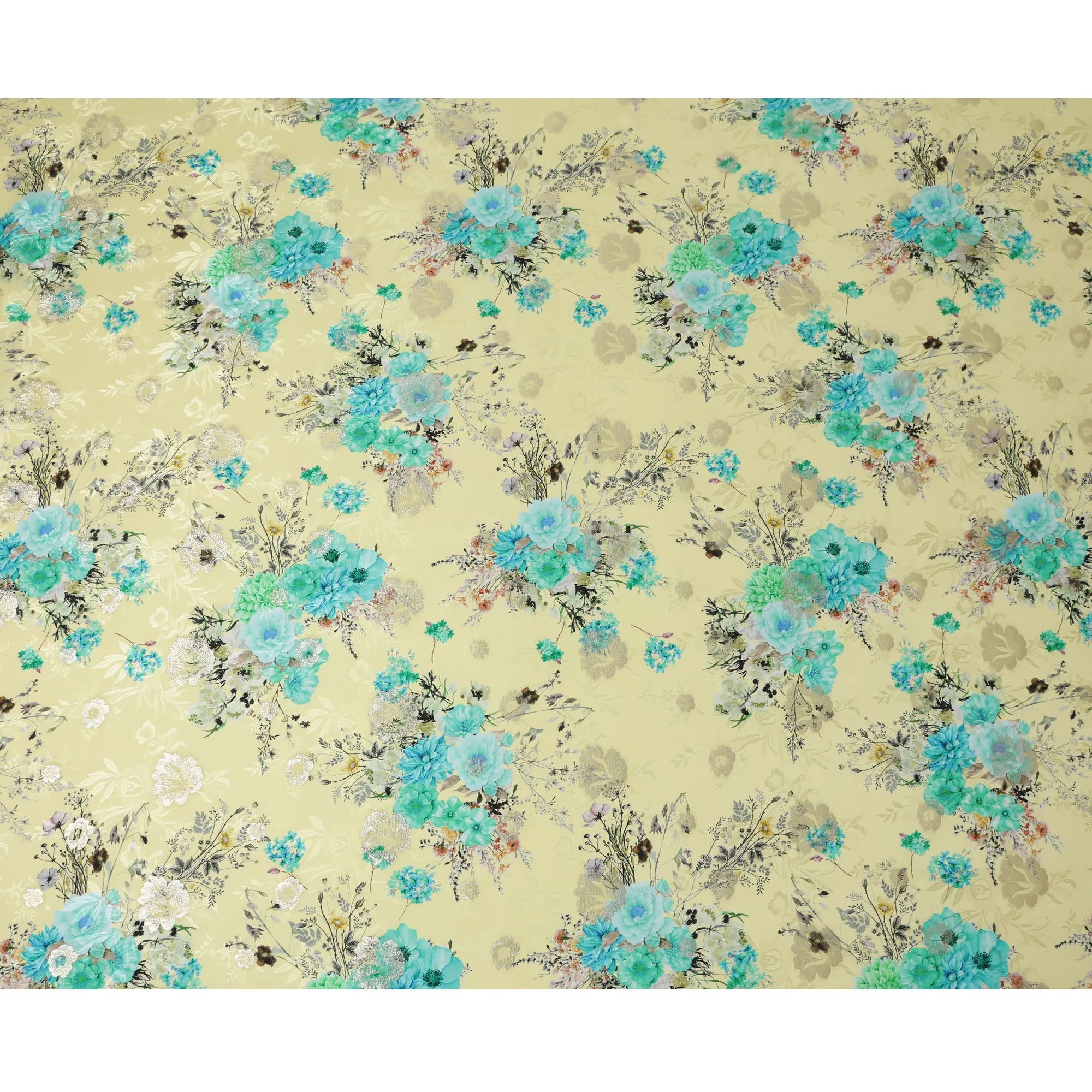 Yellow and Aqua Floral Silk Satin Fabric with Metallic Accents, Width 140 cm, South Korea-D21288