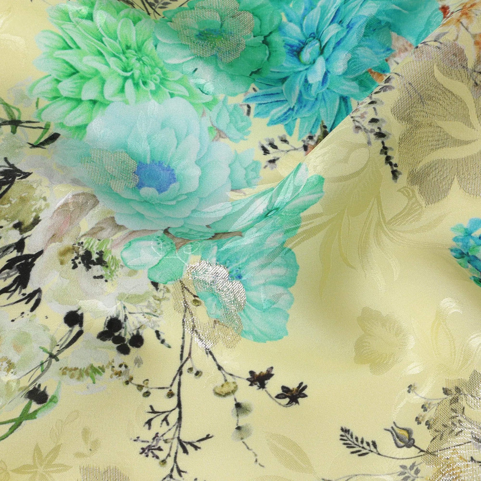 Yellow and Aqua Floral Silk Satin Fabric with Metallic Accents, Width 140 cm, South Korea-D21288